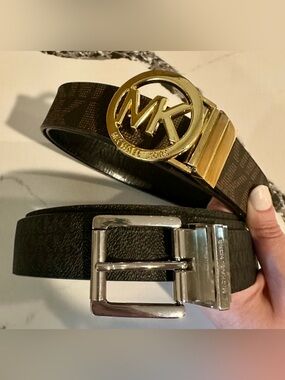 Michael Kors Brown & Black Reversible Logo Belt with Gold and Silver Buckles